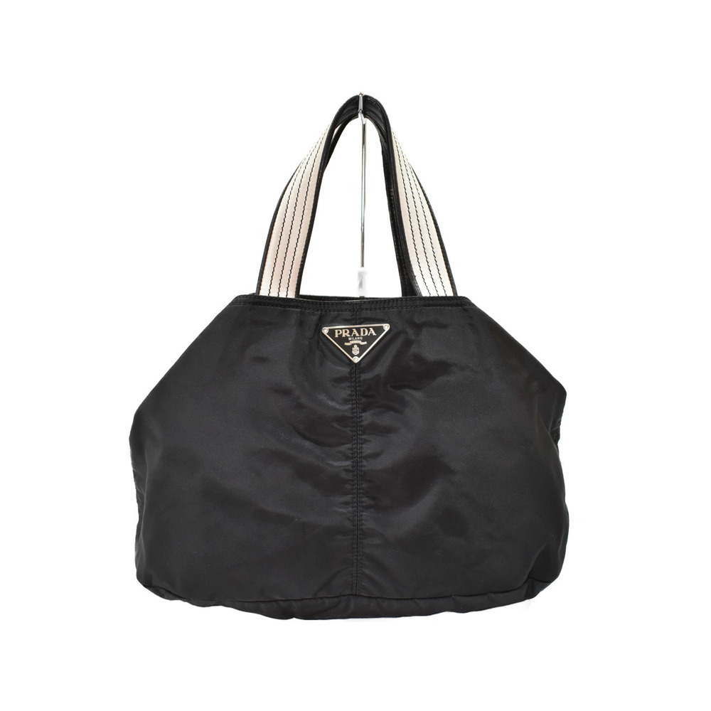 PRADA Tote Bag Leather Black White Handbag